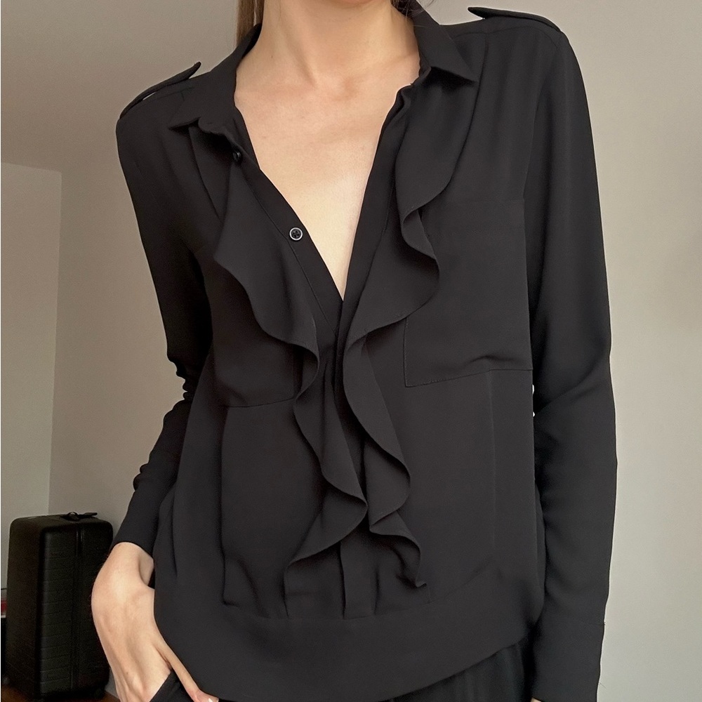 The Kooples black ruffle front chiffon blouse, size S